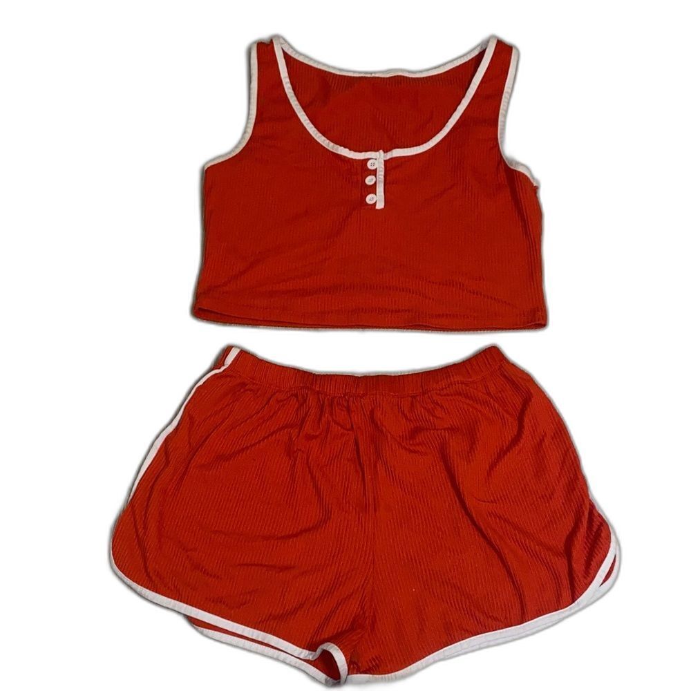 Capella Cropped Ribbed Tank and High Waisted Loungewear Shorts 2 Piece Set sz Lg